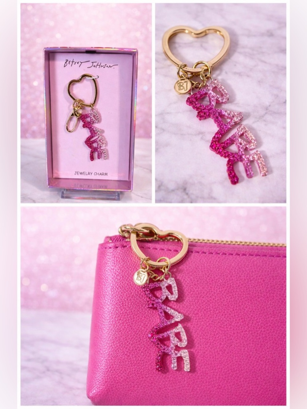 Betsey Johnson "Babe" bag charm, pink, white rhinestones and a gold-tone chain